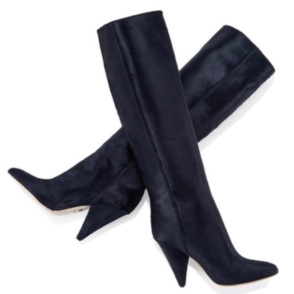 Tamara Mellon Sleek Kindred High HairCalf Navy Kitten Heeled Boots 5 (35) NIB - Picture 13 of 15